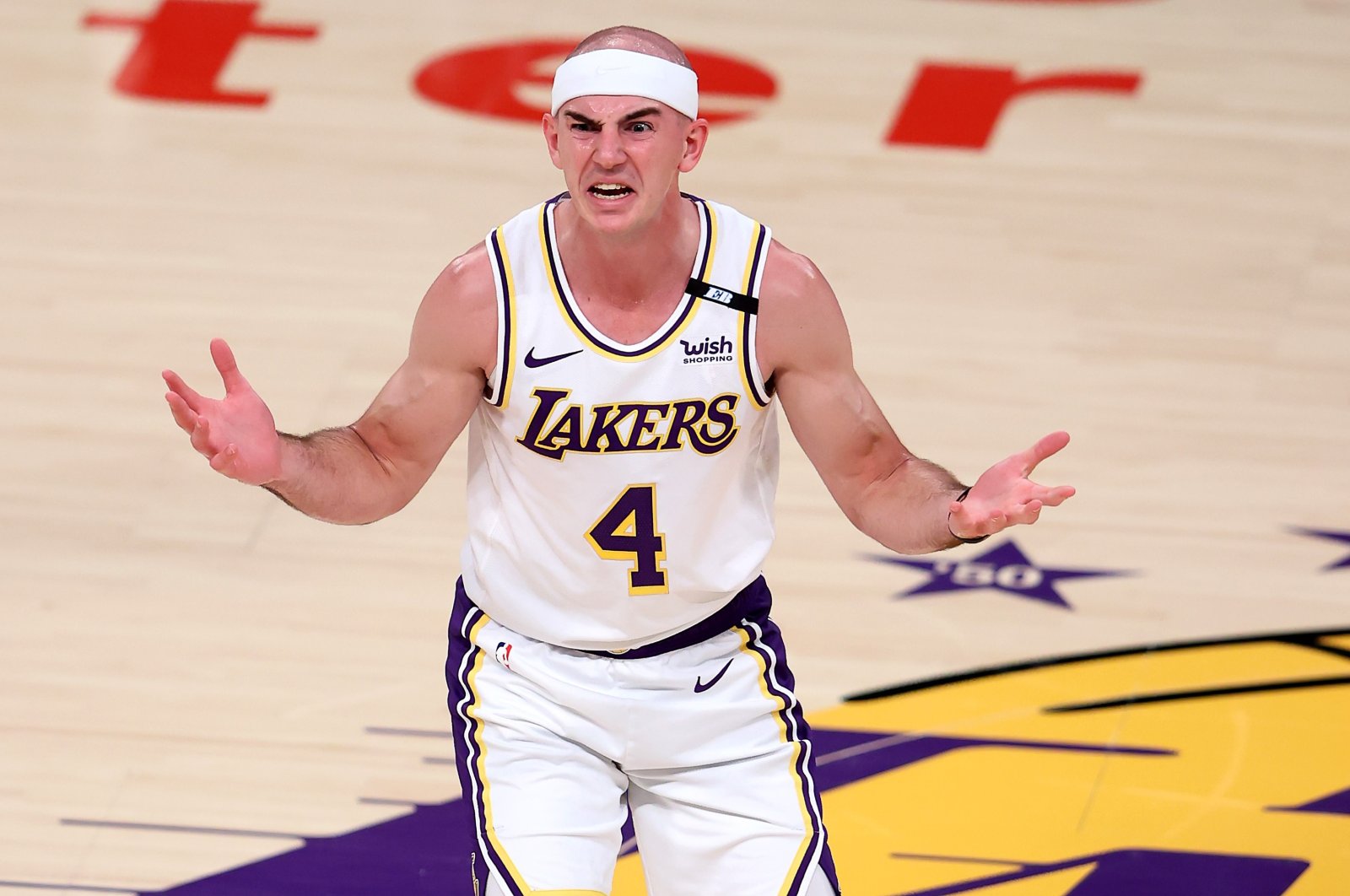 Alex Caruso of the Los Angeles Lakers reacts after being called for a foul during Game 4 of the Western Conference first-round playoff against the Phoenix Suns at Staples Center, Los Angeles, California, U.S., May 30, 2021. (AFP Photo)