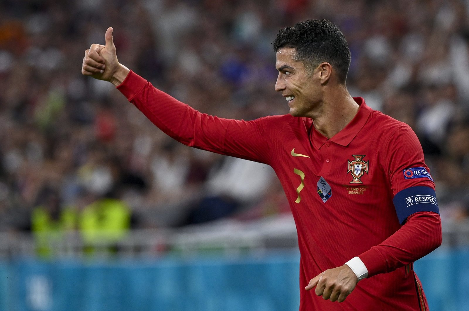 Cristiano Ronaldo of Portugal celebrates after scoring a goal during the Portugal-France match in the third round of Group F of the Euro 2020 soccer tournament in Puskas Ferenc Arena in Budapest, Hungary, June 23, 2021. (EPA Photo)
