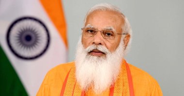 Indian Prime Minister Narendra Modi addressing the 7th International Yoga Day program, through video conferencing, in New Delhi, India, June 21, 2021. (Indian Press Information Bureau (PIB) via AFP)