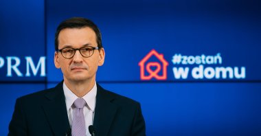 Polish Prime Minister Mateusz Morawiecki attends a conference in Warsaw, Poland, April 9, 2020. (Courtesy of the Consulate General of the Republic of Poland in Istanbul)