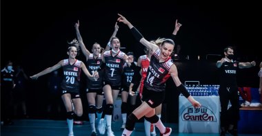 Turkish players celebrate after winning the bronze medal in the Volleyball Women's Nations League, Rimini, Italy, June 25, 2021. (DHA Photo)