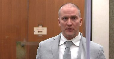 Former Minneapolis police officer Derek Chauvin addresses his sentencing hearing and the judge as he awaits his sentence after being convicted of murder in the death of George Floyd in Minneapolis, Minnesota, U.S., June 25, 2021. (Pool via Reuters)