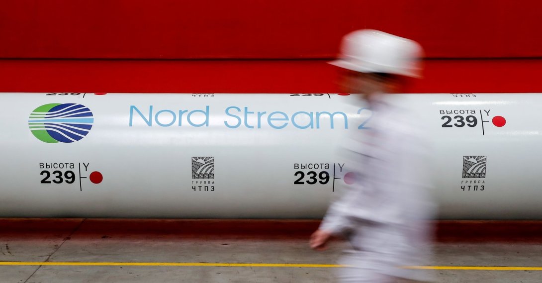 The logo of the Nord Stream 2 gas pipeline project is seen on a pipe at the Chelyabinsk pipe rolling plant in Chelyabinsk, Russia, Feb. 26, 2020.  (Reuters Photo)