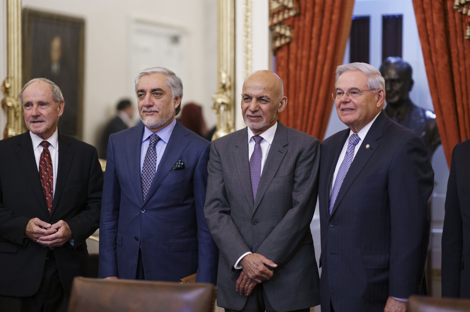 From left, Sen. Jim Risch, R-Idaho, Abdullah Abdullah who leads the High Council for National Reconciliation in Afghanistan, Afghan President Ashraf Ghani, and Sen. Bob Menendez, D-N.J., chair of the Senate Foreign Relations Committee, meet at the Capitol in Washington, D.C., U.S., June 23, 2021. (AP Photo)