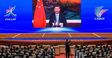 Chinese President Xi Jinping delivers a speech via video at the opening ceremony of the 17th China-ASEAN (Association of Southeast Asian Nations) Expo in Nanning, in southern China's Guangxi province, Nov. 27, 2020. (AFP Photo)