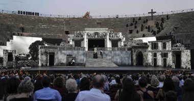 A view of the stage during '"Cavalleria Rusticana" lyric opera, at the Arena di Verona theatre, in Verona, Italy, June 25, 2021. (AP Photo)
