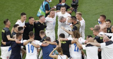 Czech Republic players celebrate winning their Euro 2020 round of 16 match between the Netherlands and the Czech Republic at the Ferenc Puskas Stadium in Budapest, Hungary, June 27, 2021. (AP Photo)