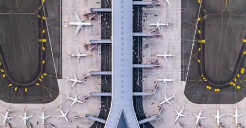 Drone footage provided on Dec. 15, 2020 shows planes parked at Istanbul Airport, Istanbul, Turkey. (Courtesy of Istanbul Airport operator IGA)