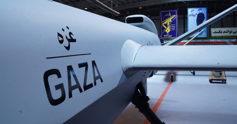 The Guard's new drone called "Gaza" is displayed in an undisclosed location in Iran, May 22, 2021. (Sepahnews via AP)