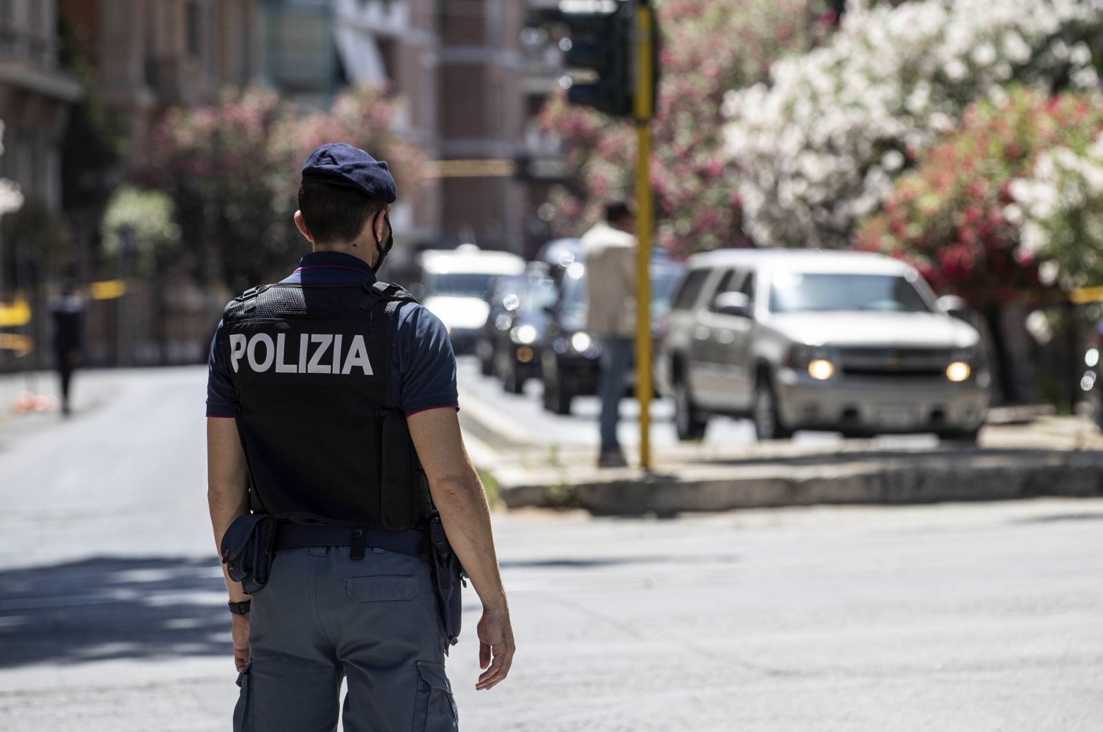 Police officers check the area near the U.S. ambassador's private residence for the arrival of U.S. Secretary of State Antony Blinken at Villa Taverna in Rome, Italy, June 27, 2021. (EPA Photo)