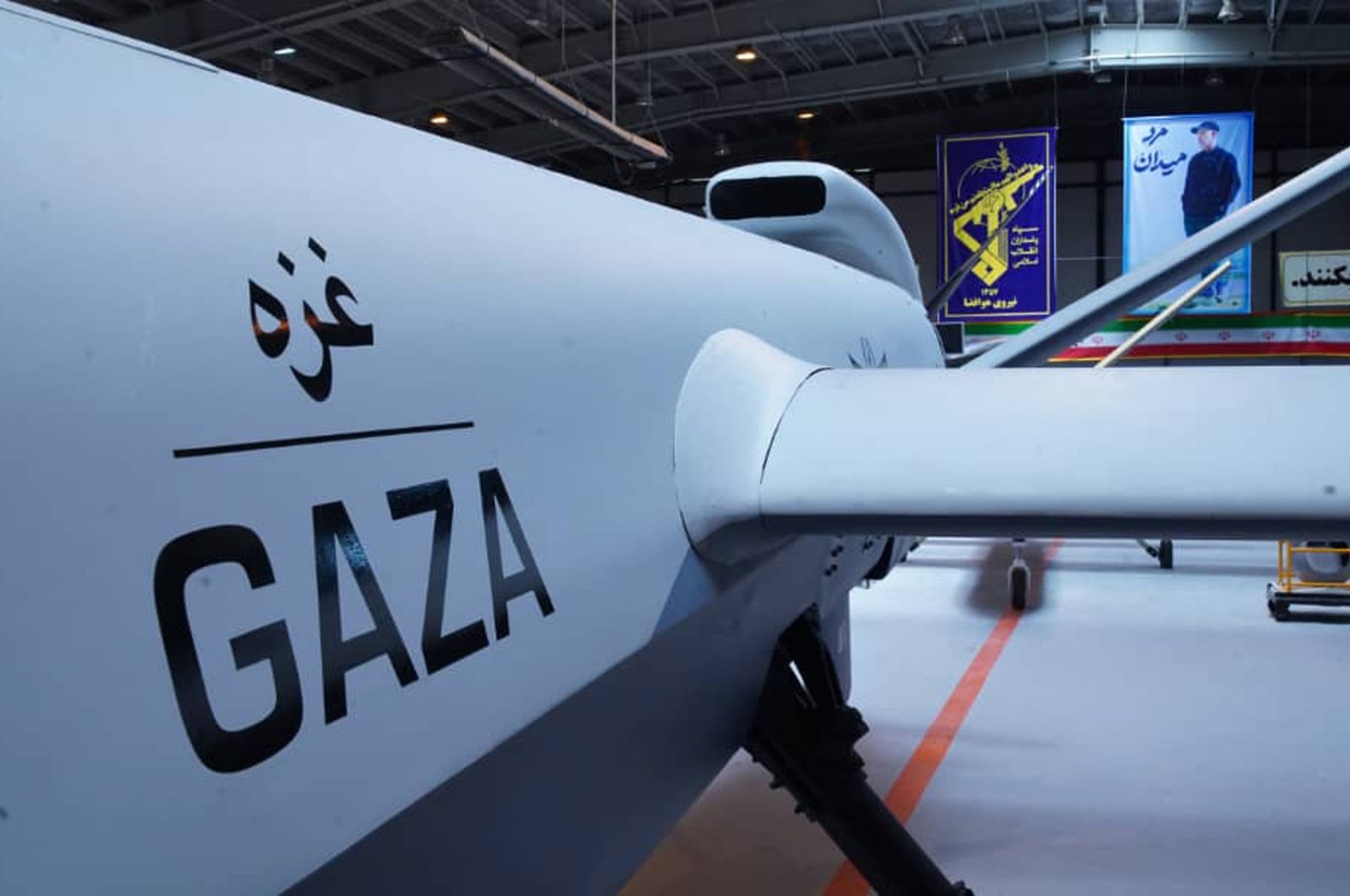 The Guard's new drone called "Gaza" is displayed in an undisclosed location in Iran, May 22, 2021. (Sepahnews via AP)