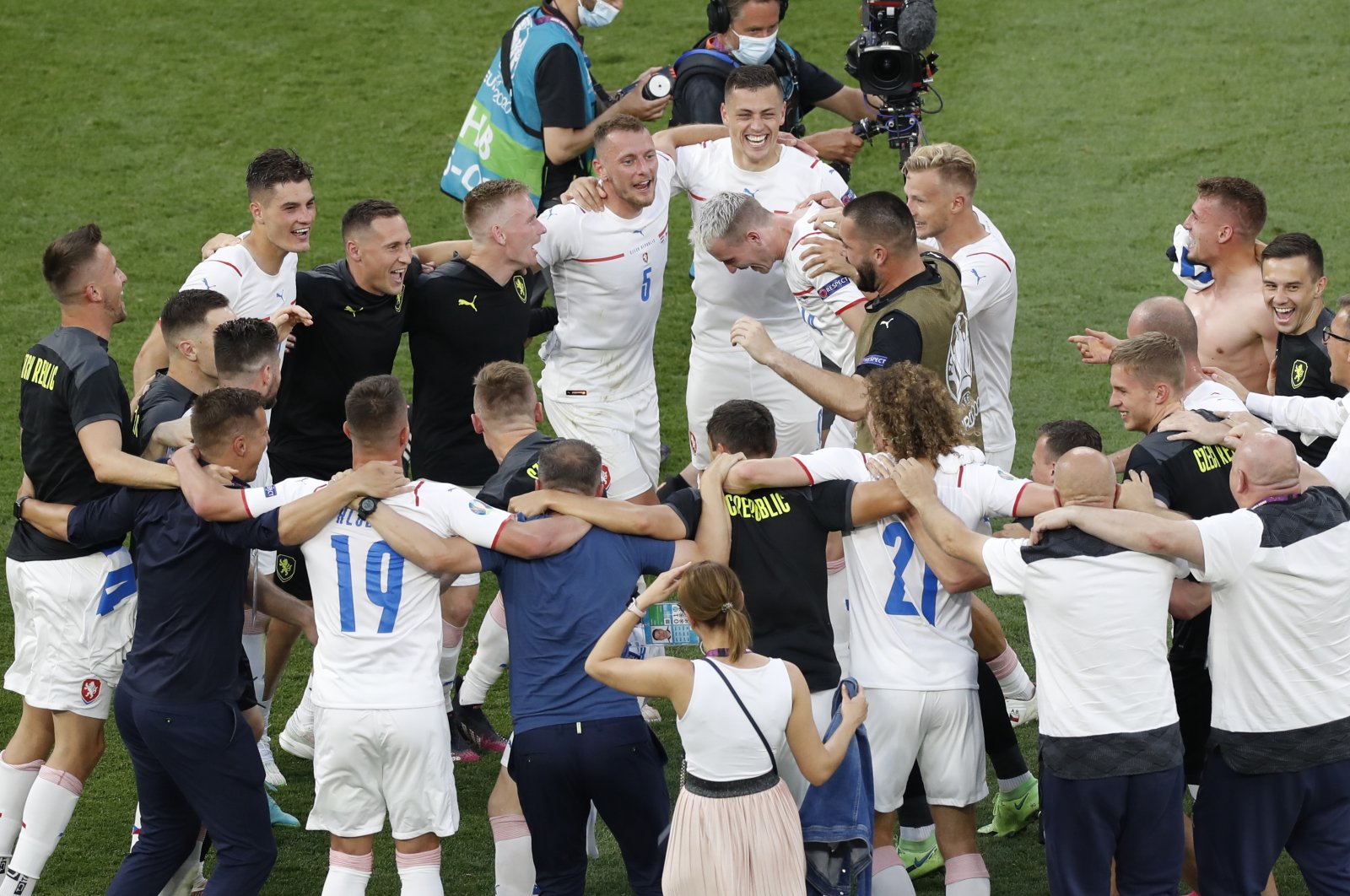Czech Republic players celebrate winning their Euro 2020 round of 16 match between the Netherlands and the Czech Republic at the Ferenc Puskas Stadium in Budapest, Hungary, June 27, 2021. (AP Photo)
