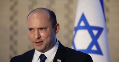 Israeli Prime Minister Naftali Bennett speaks during a memorial ceremony for Israeli soldiers who fell in battle in the 2014 Gaza War during "Operation Protective Edge," at the Hall of Remembrance of Mount Herzl Military Cemetery in West Jerusalem, Israel, June 20, 2021. (EPA Photo)