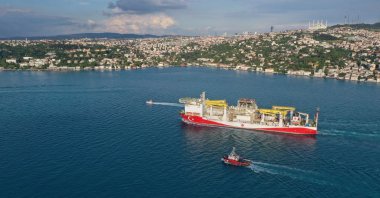 Turkey's first drilling vessel, Fatih, sails through the Bosporus as it leaves for the Black Sea, in Istanbul, Turkey, May 29, 2020. (AA Photo)