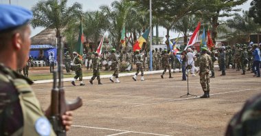 U.N. peacekeeping troops take part in a ceremony in the capital city of Bangui, Central African Republic, Sept. 15, 2014. (AP Photo)
