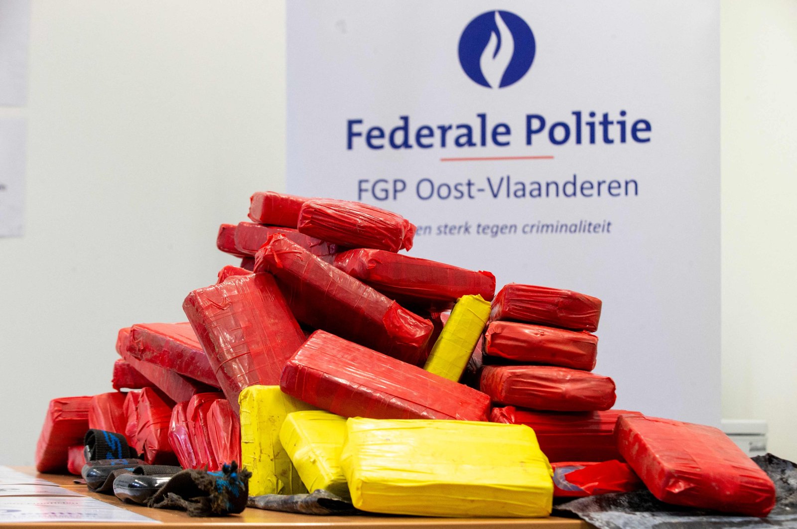 This photograph shows a seizure of some 200 kilograms of cocaine, at the Federal Police East Flanders station, in Dendermonde, Belgium, on June 25, 2021. (AFP Photo)