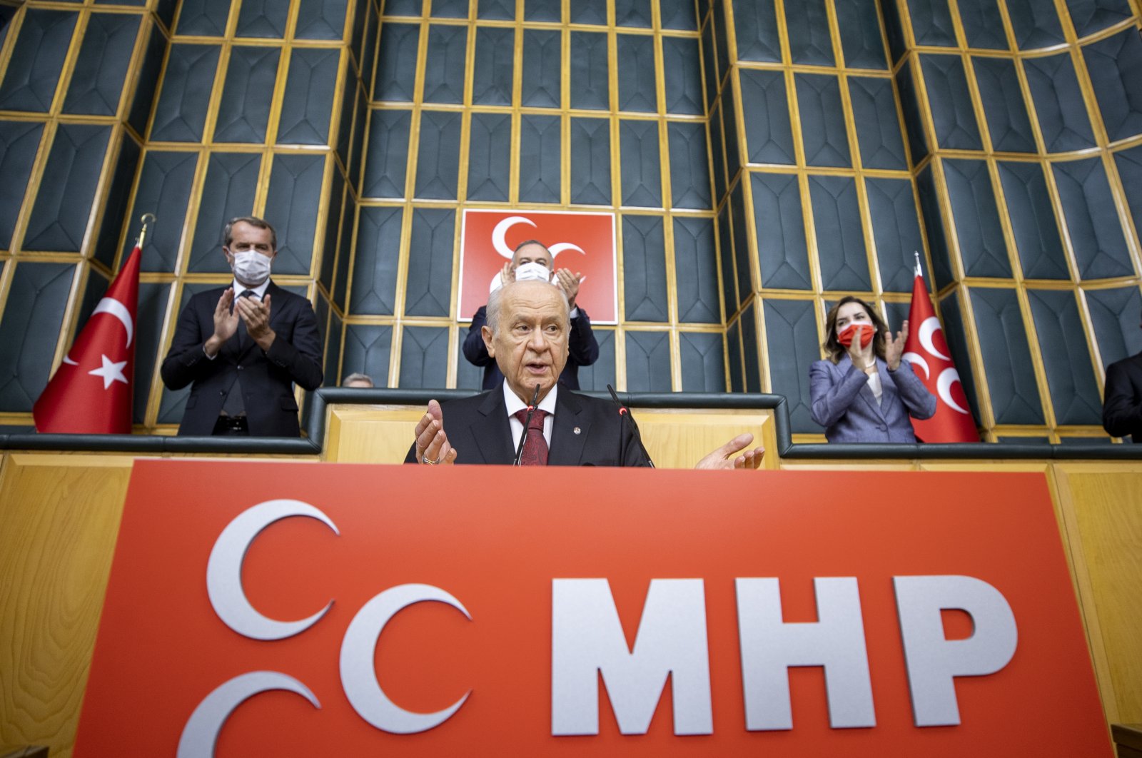 MHP Chairperson Devlet Bahçeli speaks at his party's parliamentary group meeting at the Turkish Parliament in Ankara, Turkey, June 29, 2021. (AA Photo)