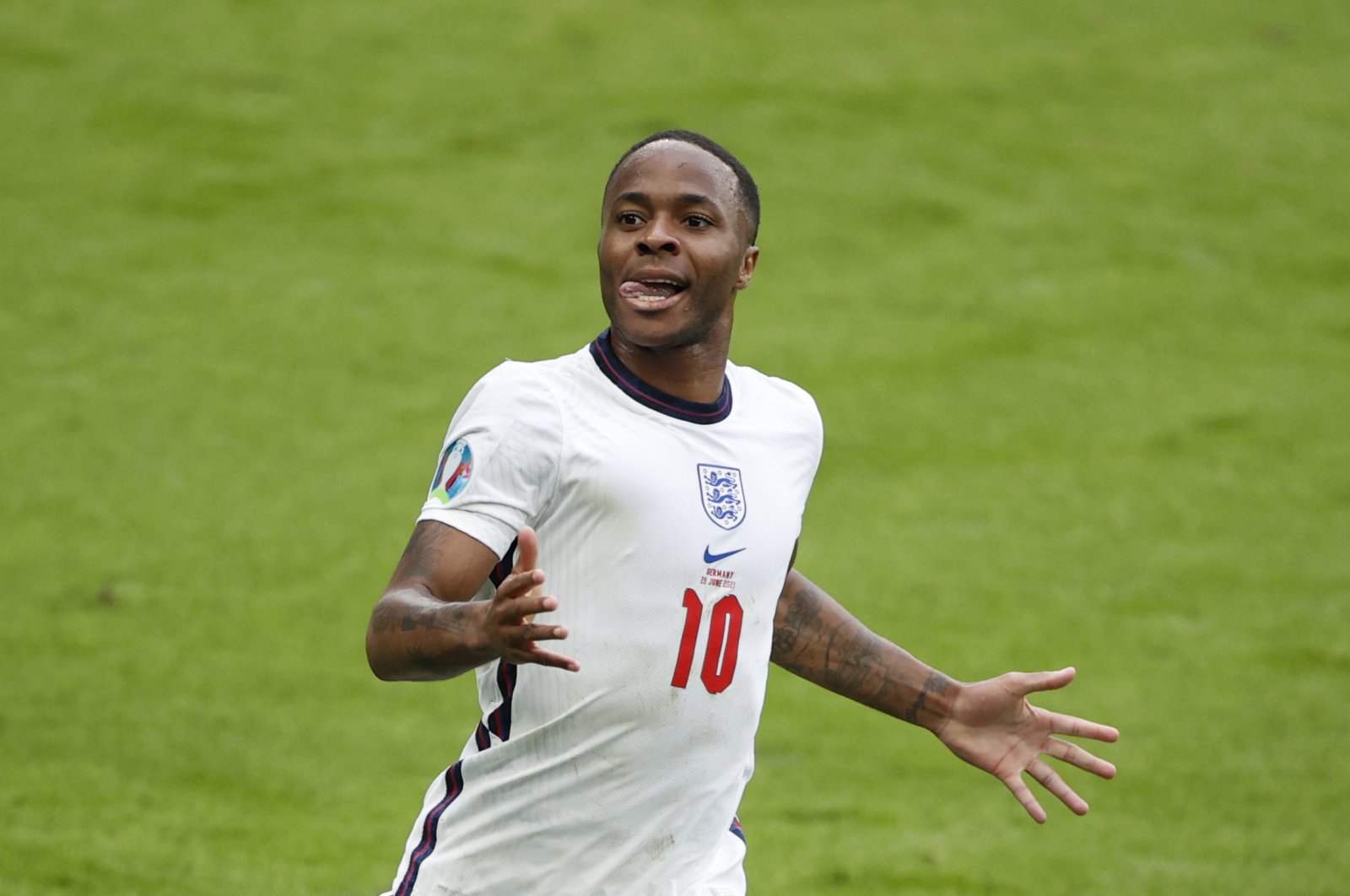 England's Raheem Sterling celebrates scoring his side's opening goal during the Euro 2020 round of 16 match against Germany at Wembley stadium in London, England, June 29, 2021. (AP Photo)