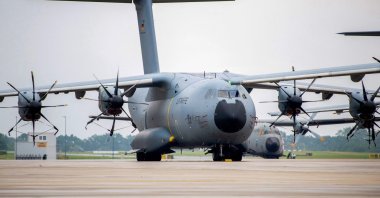 Airbus A400M cargo planes of the German armed forces Bundeswehr stand on the tarmac at the military air base in Wunstorf, northern Germany, on June 30, 2021, as German soldiers returning from Afghanistan are expected to land here. (AFP Photo)