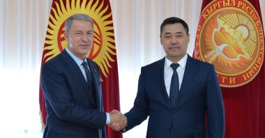 Defense Minister Hulusi Akar together with Kyrgyz President Sadyr Zhaparov in an official visit to Bishkek, Kyrgyzstan, June 30, 2021 (IHA Photo)