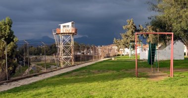 United Nations guard tower in the "Green Line" between the North and South of Nicosia, Cyprus next to a playground, Feb. 20, 2020. (Shutterstock File Photo)