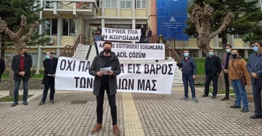 Parents and their supporters take part in a demonstration protesting the Greek government's postponement of community board member elections at minority schools in Komotini (Gümülcine), northern Greece, April 6, 2021. (AA File Photo)