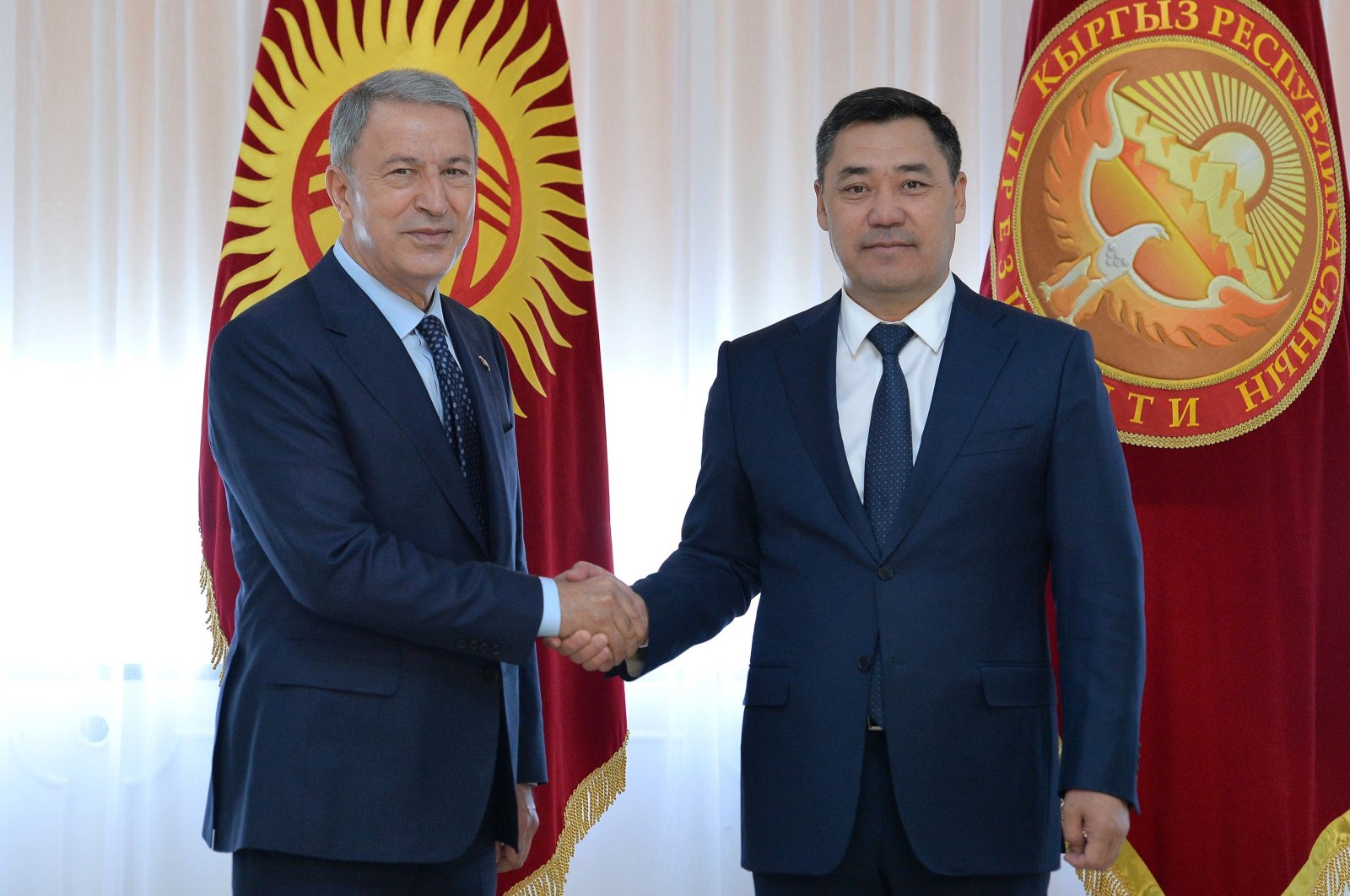 Defense Minister Hulusi Akar together with Kyrgyz President Sadyr Zhaparov in an official visit to Bishkek, Kyrgyzstan, June 30, 2021 (IHA Photo)