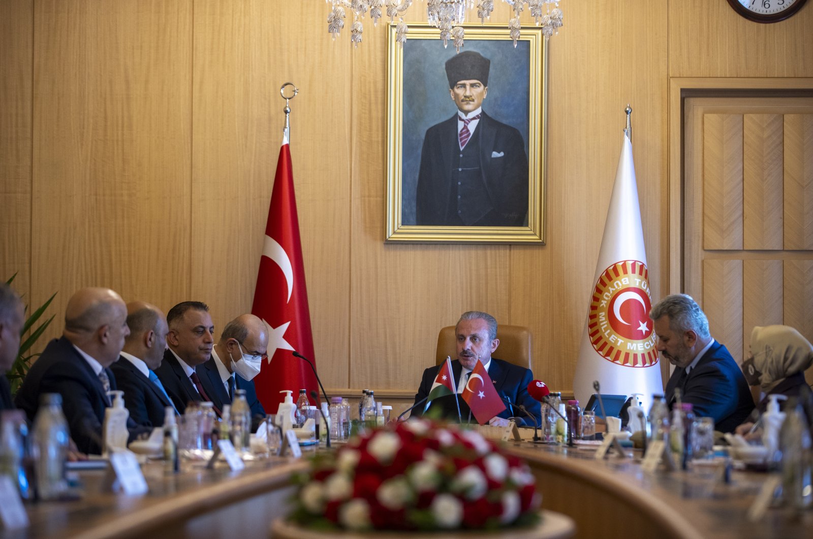 Parliament Speaker Mustafa Şentop receives the Palestine Committee of Jordanian House of Representatives in the capital Ankara, Turkey, June 30, 2021. (AA Photo)