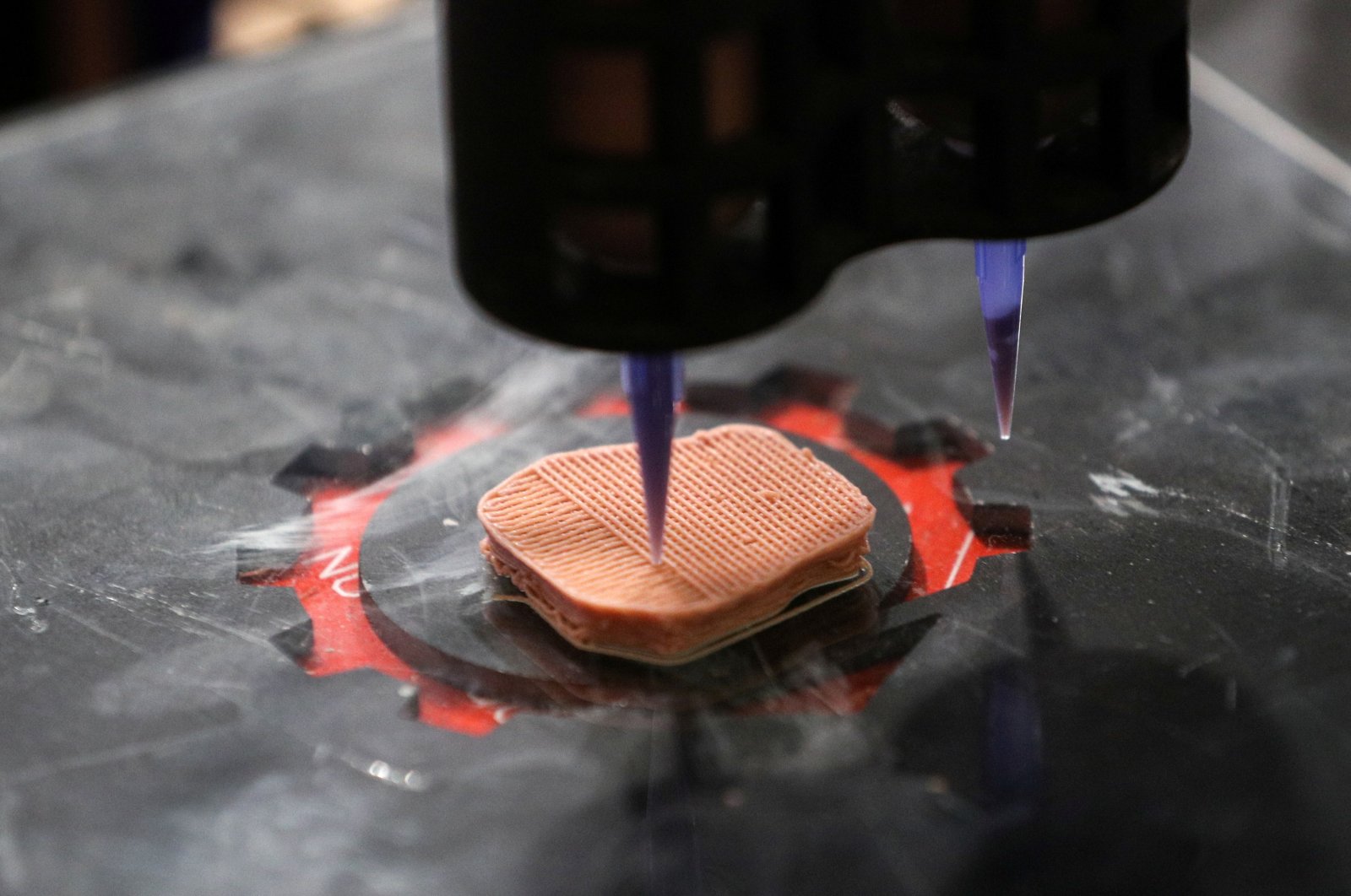A piece of meat is printed with a 3D printer by Novameat during the Mobile World Congress (MWC) in Barcelona, Spain, June 29, 2021. (Reuters Photo)
