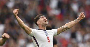 England's John Stones celebrates at the end of the Euro 2020 round of 16 match against Germany at Wembley Stadium in London, England, June 29, 2021. (AP Photo)
