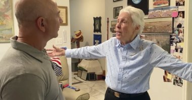Mercury 13 astronaut trainee Wally Funk (R), meets with Jeff Bezos. (Blue Origin via AP)