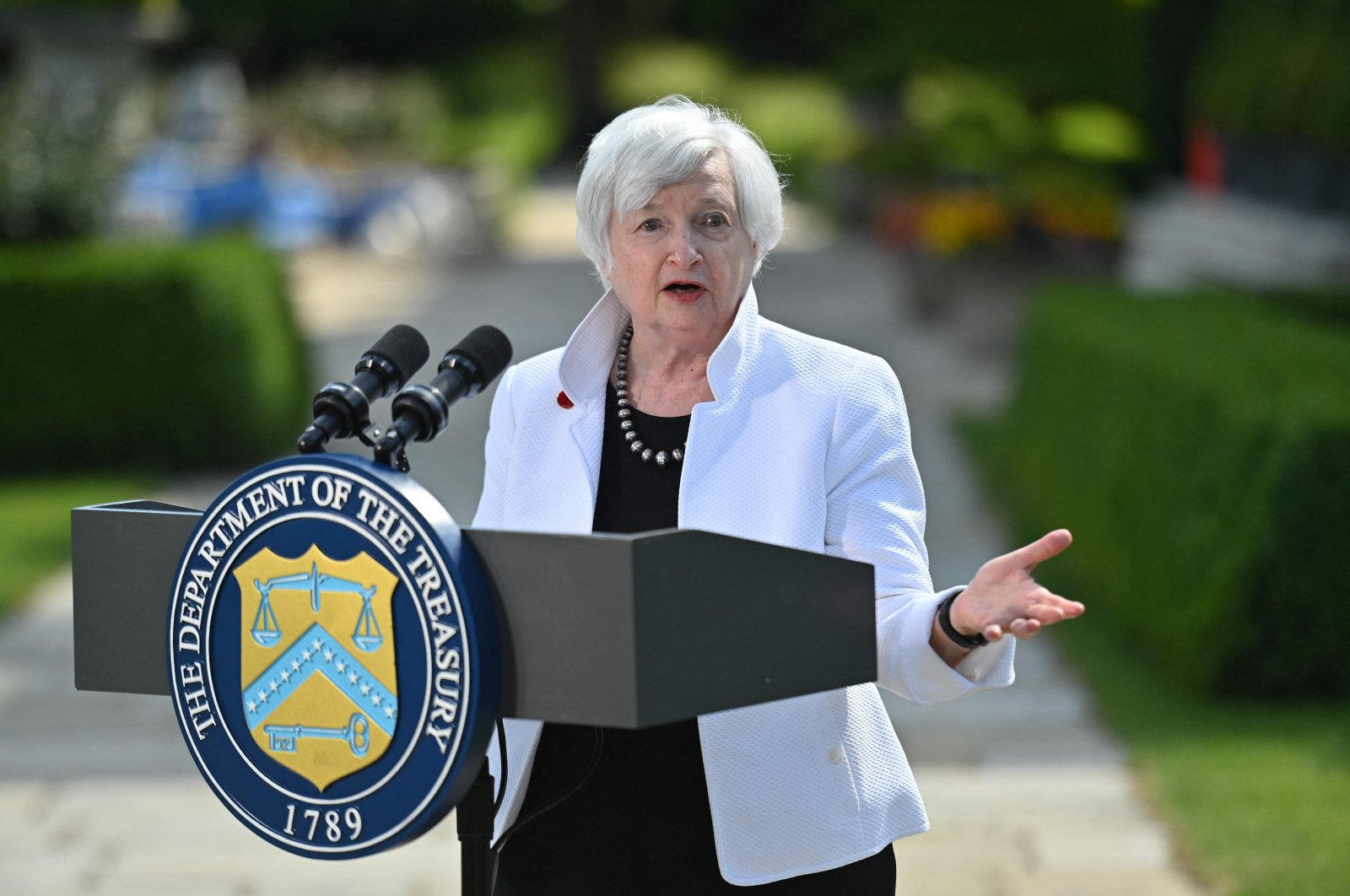 U.S. Treasury Secretary Janet Yellen speaks during a press conference at Winfield House after attending the G-7 Finance Ministers meeting, London, Britain, June 5, 2021, (AFP Photo)