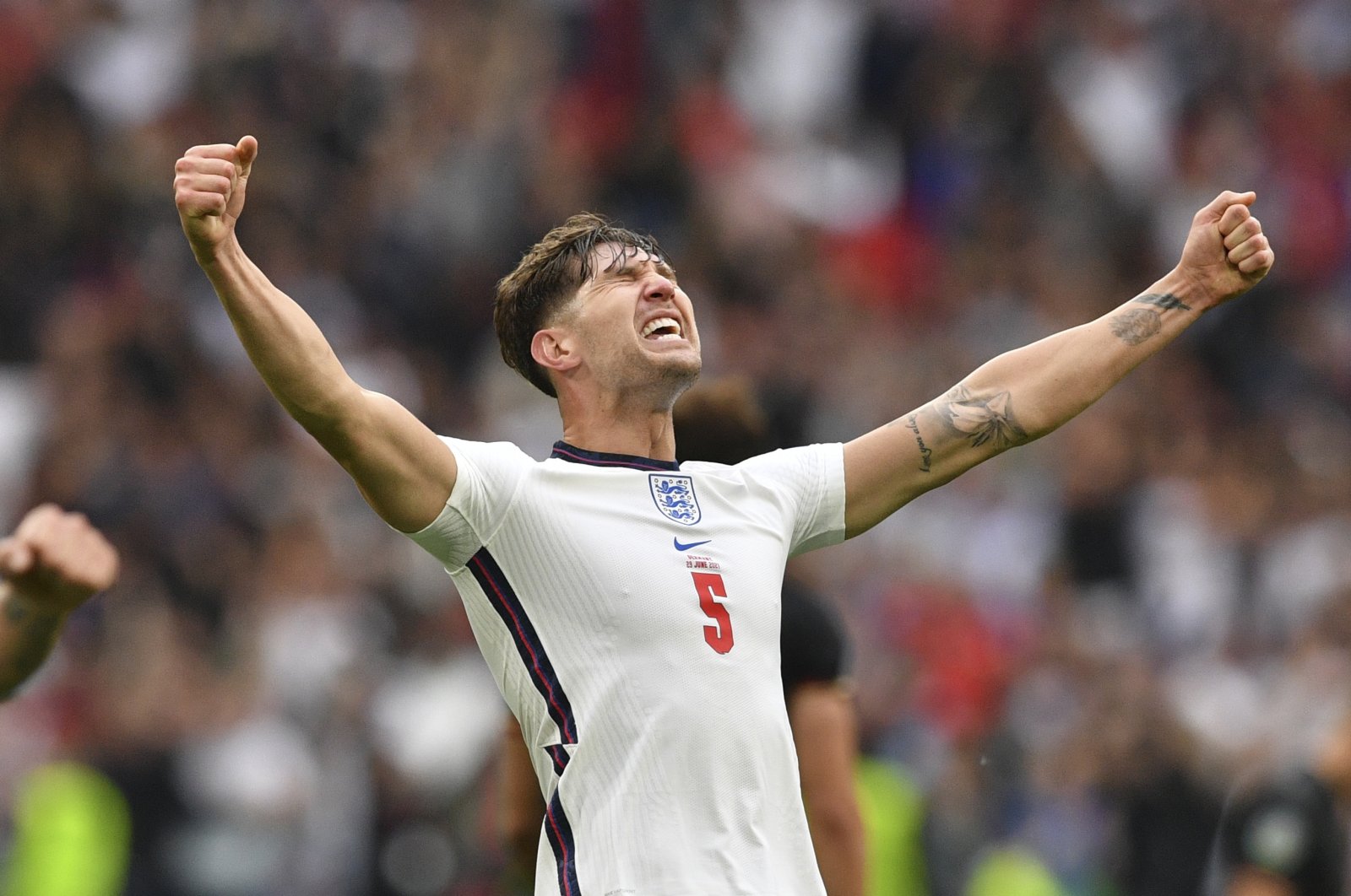 England's John Stones celebrates at the end of the Euro 2020 round of 16 match against Germany at Wembley Stadium in London, England, June 29, 2021. (AP Photo)