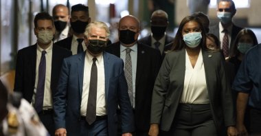 New York County District Attorney Cyrus Vance Jr. (L) and Attorney General of New York Letitia James (R) arrive at New York State Supreme Court, New York, July 1, 2021. (AP Photo)