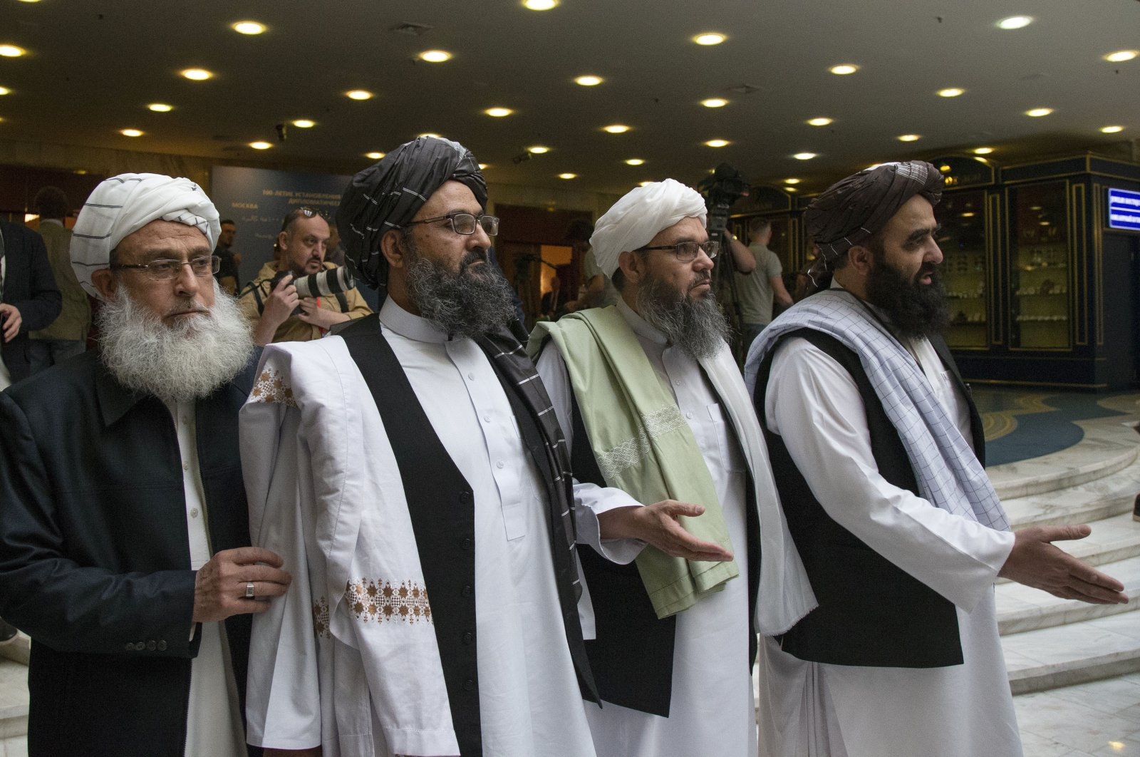 Mullah Abdul Ghani Baradar, the Taliban group's top political leader (2L) arrives with other members of the Taliban delegation for talks in Moscow, Russia, May 28, 2019. (AP Photo)
