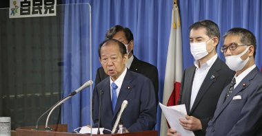 Japan's Liberal Democratic Party Secretary-General Toshihiro Nikai speaks at a news conference on election day for the Tokyo metropolitan assembly, in Tokyo, Japan, July 4, 2021. (AP Photo)