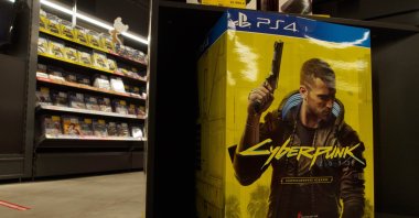 A box with the Sony PlayStation 4 Cyberpunk 2077 Collector's Edition is seen displayed at a store in Russia. (Reuters Photo)