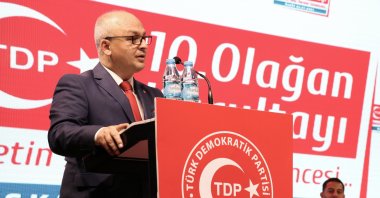 TDP Chairperson Beycan Ilyas speaks at his party's 10th ordinary congress in Skopje, North Macedonia, July 4, 2021. (AA Photo)