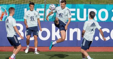 (From L to R) Spain's Dani Olmo, Eric Garcia and Diego Llorente attend a training session at Las Rozas Soccer City in Madrid, Spain, July 03, 2021. (EPA Photo)