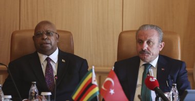Turkish Parliament Speaker Mustafa Şentop (R) together with his Zimbabwean counterpart Jacob Francis Mudenda in Ankara, July 5, 2021 (AA Photo)