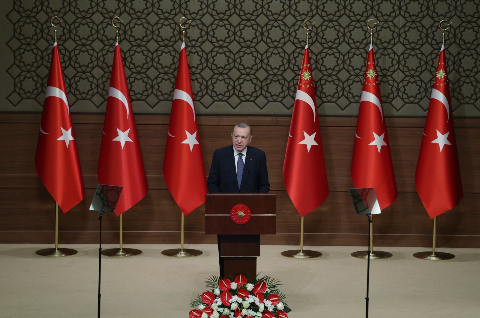 Turkish President Recep Tayyip Erdoğan speaks at a ceremony to inaugurate water projects in four Turkish provinces at the Presidential Complex, Ankara, Turkey, July 5, 2021. (IHA Photo)