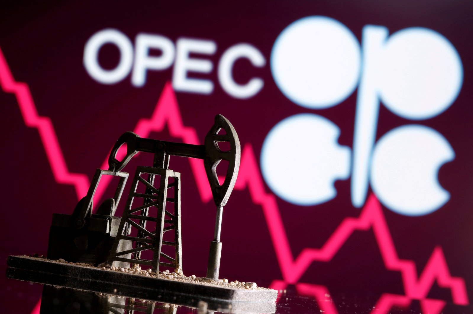 A 3D-printed oil pump jack is seen in front of a displayed stock graph and OPEC logo in this illustration picture, April 14, 2020. (Reuters Photo)