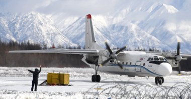 An Antonov An-24, similar to the one that disappeared near the Kamchatka Peninsula, prepares for takeoff at the Chara Airport in Transbaikalia, Russia. (Getty Images)