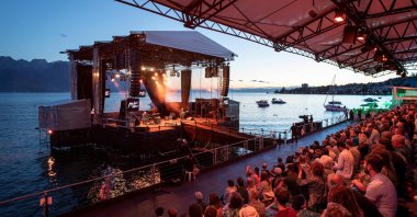 French-Lebanese trumpeter Ibrahim Maalouf and Belgian guitar player Francois Delporte perform for a limited number of fans during the 55th Montreux Jazz Festival in Montreux, Switzerland, July 5, 2021. (Reuters Photo)