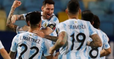 Argentina's Lionel Messi (C) celebrates with his teammates after scoring during the Copa America 2021 quarterfinals against Ecuador at the Pedro Ludovico Teixeira Olympic Stadium, Goiania, Brazil, July 3, 2021. (EPA Photo)