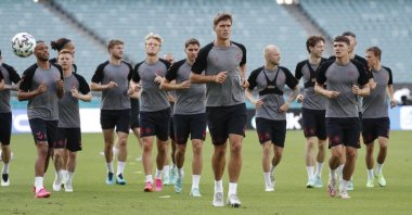 Denmark players attend a training session at Baku Olympic Stadium, Baku, Azerbaijan, July 2, 2021. (Reuters Photo)