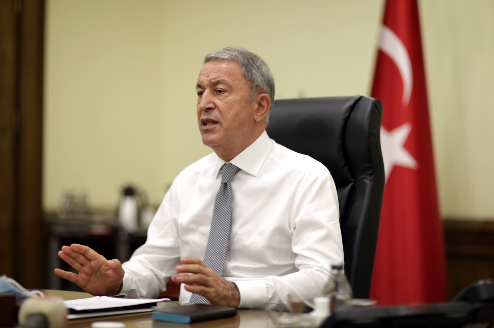 Defense Minister Hulusi Akar is seen during a teleconference in the capital Ankara, Turkey, July 5, 2021. DHA Photo)
