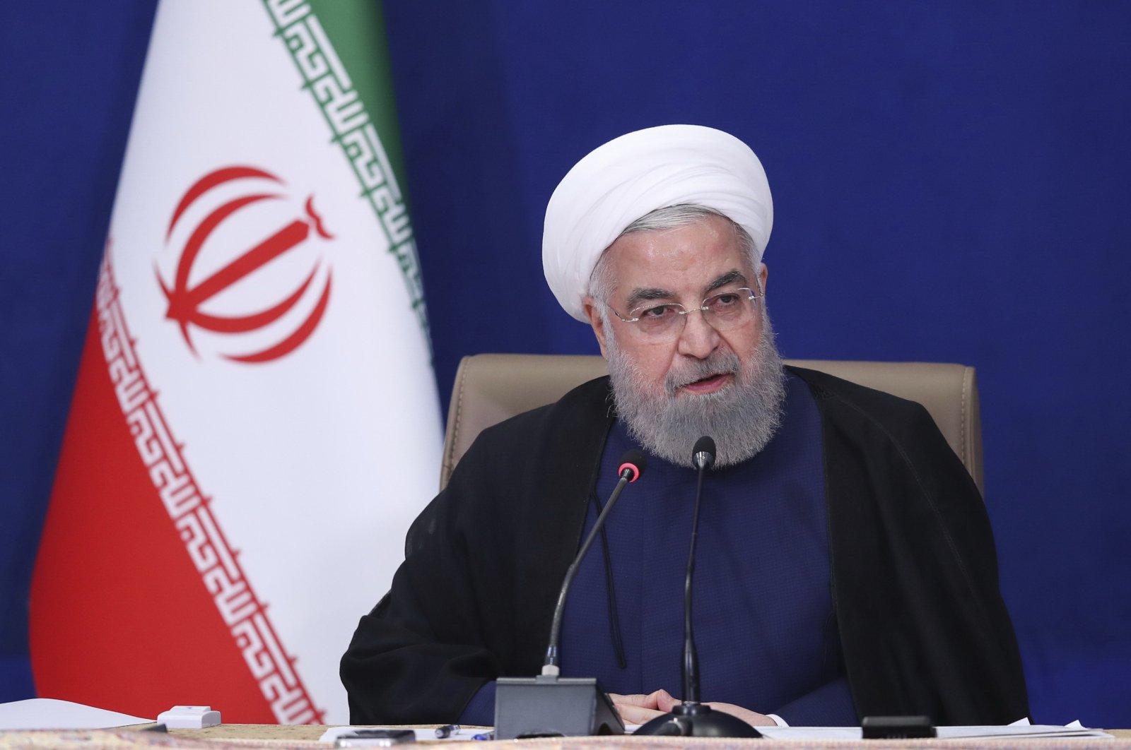 Iranian President Hassan Rouhani speaks at a meeting at the presidency compound in Tehran, Iran, July 6, 2021. (AP Photo)