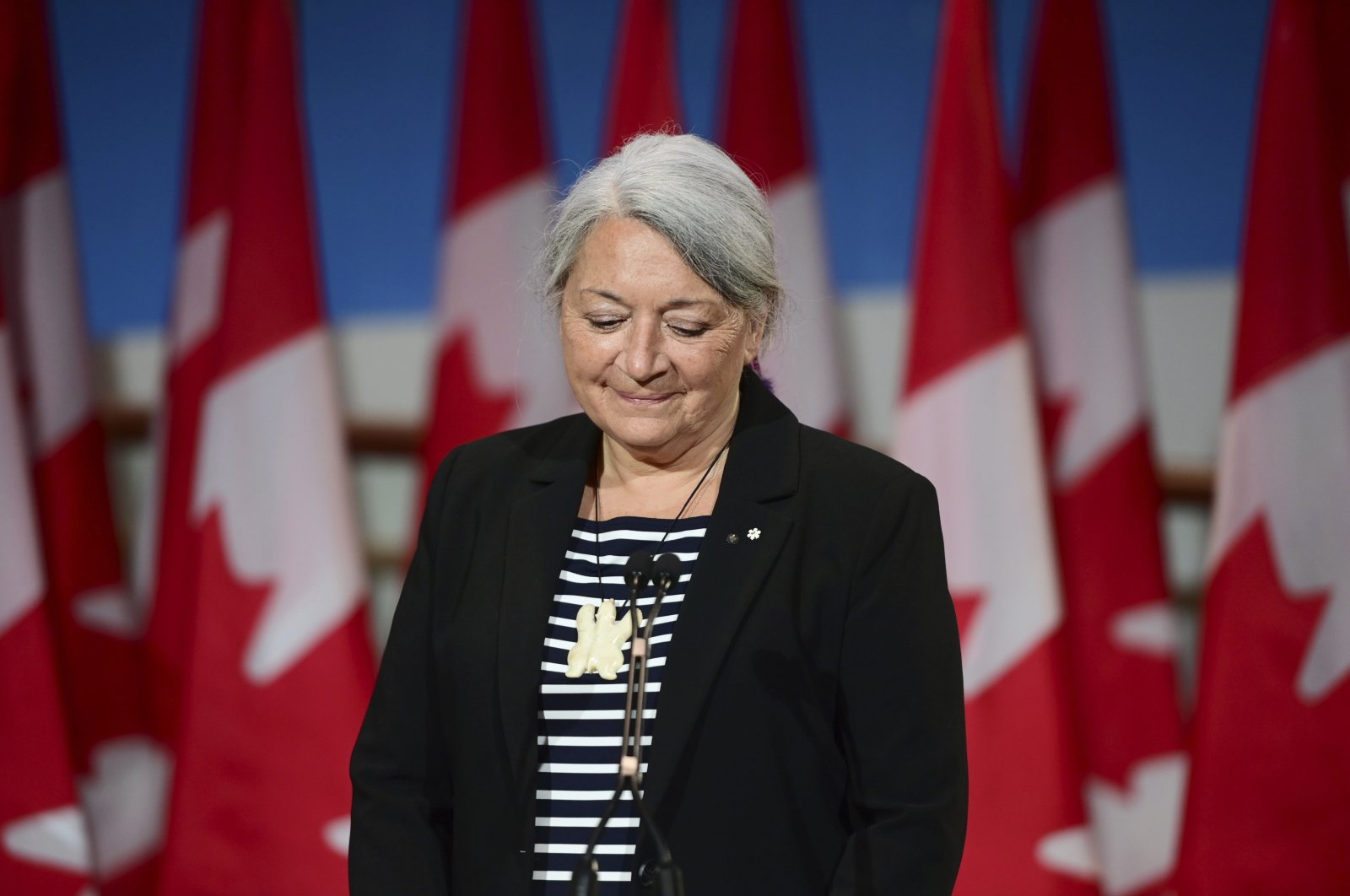 Mary Simon speaks during an announcement at the Canadian Museum of History in Gatineau, Quebec, Canada, July 6, 2021. (The Canadian Press via AP)