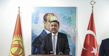 Kyrgyz Ambassador Kubanychbek Omuraliev speaks at an exhibition to mark the 30th anniversary of the independence of Kyrgyzstan, in Turkey's capital Ankara, July 6, 2021. (AA Photo)
